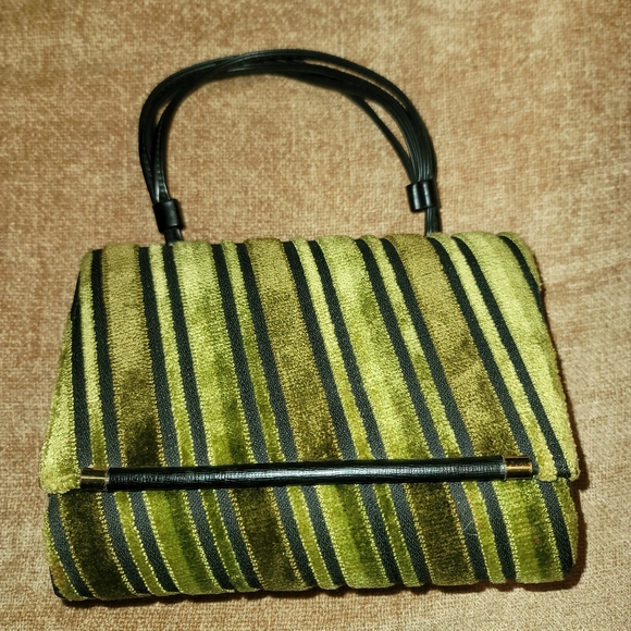 Vintage Handbags - Vintage Crown Lewis Purse 1960's Velour Velvet Earth Tones Vinyl Handles Brass